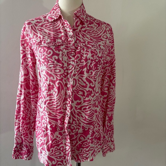 Charter Club 100% Linen Pink White Paisley Button Down Blouse Sz 4 Easter Floral - Picture 1 of 13